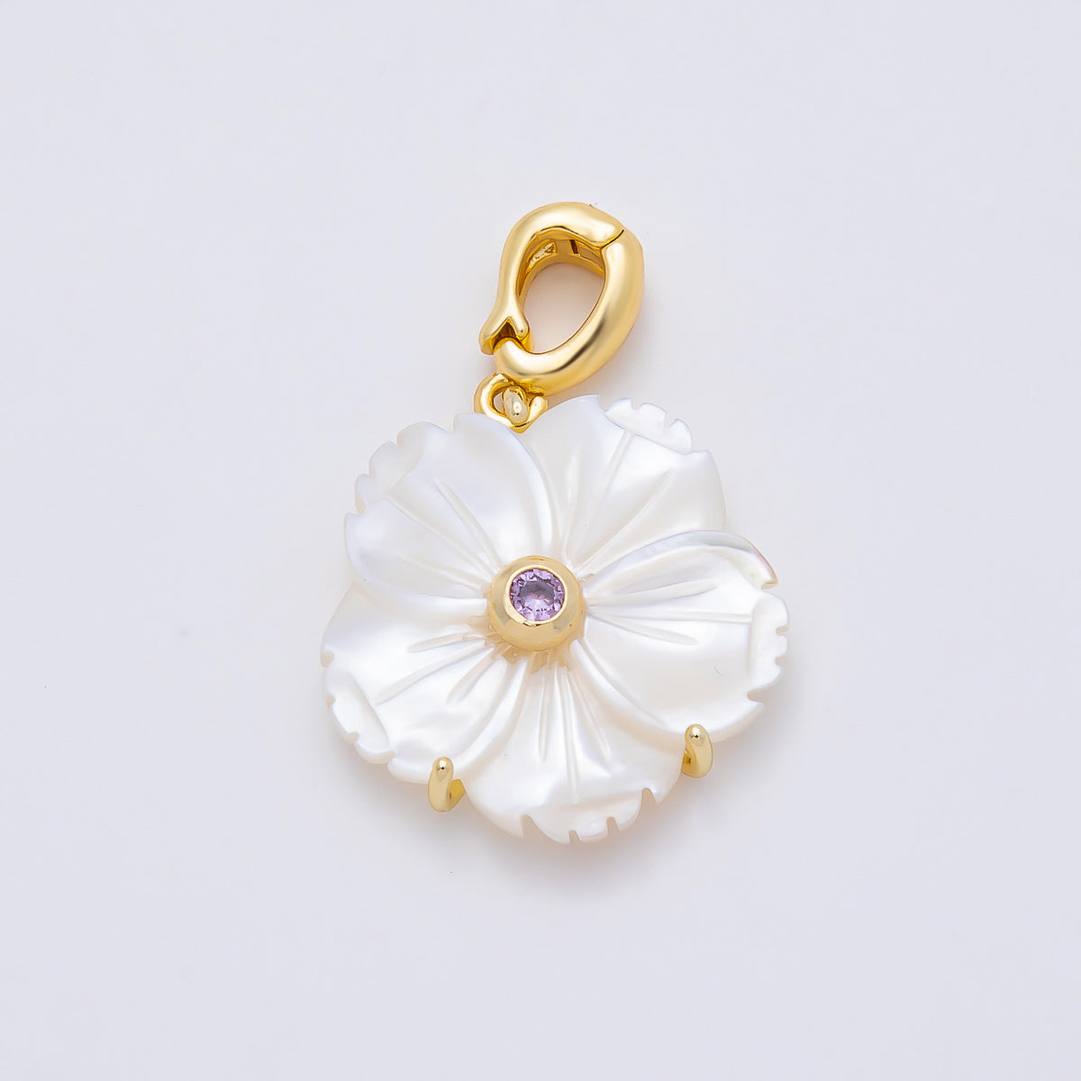 16K Gold Filled 20mm Birthstone CZ Mother of Pearl Flower Snap Drop Pendant | Charms-00965 ~ Charms-00976