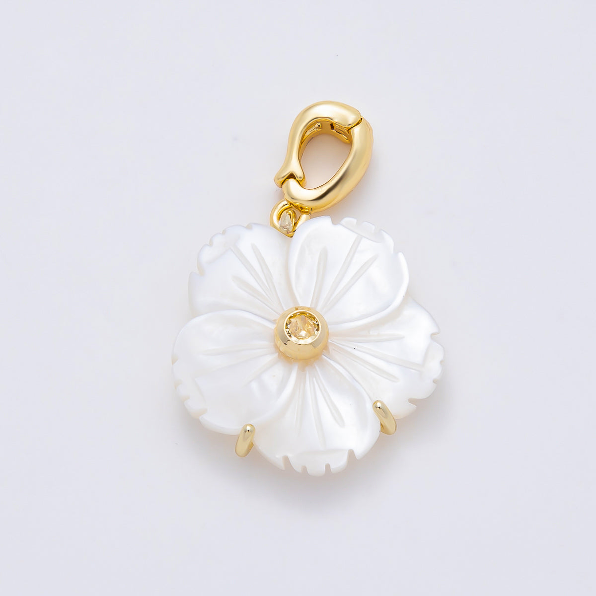 16K Gold Filled 20mm Birthstone CZ Mother of Pearl Flower Snap Drop Pendant | Charms-00965 ~ Charms-00976