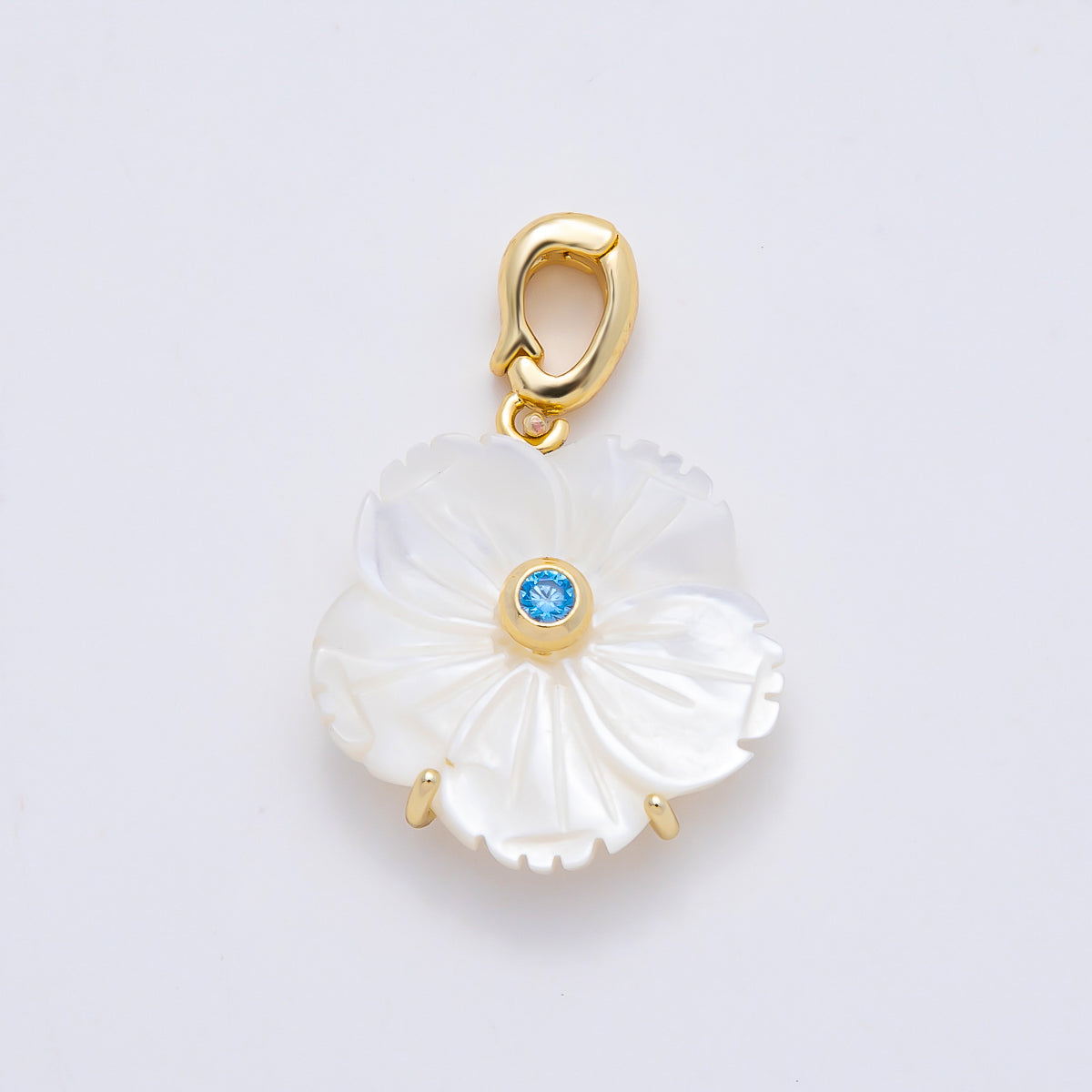 16K Gold Filled 20mm Birthstone CZ Mother of Pearl Flower Snap Drop Pendant | Charms-00965 ~ Charms-00976