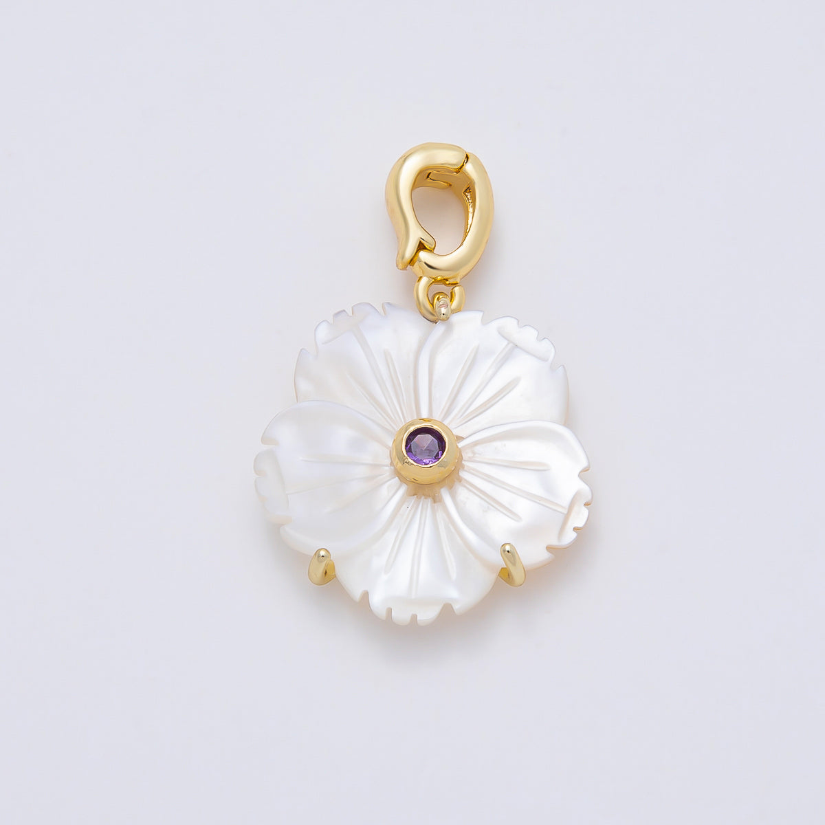 16K Gold Filled 20mm Birthstone CZ Mother of Pearl Flower Snap Drop Pendant | Charms-00965 ~ Charms-00976