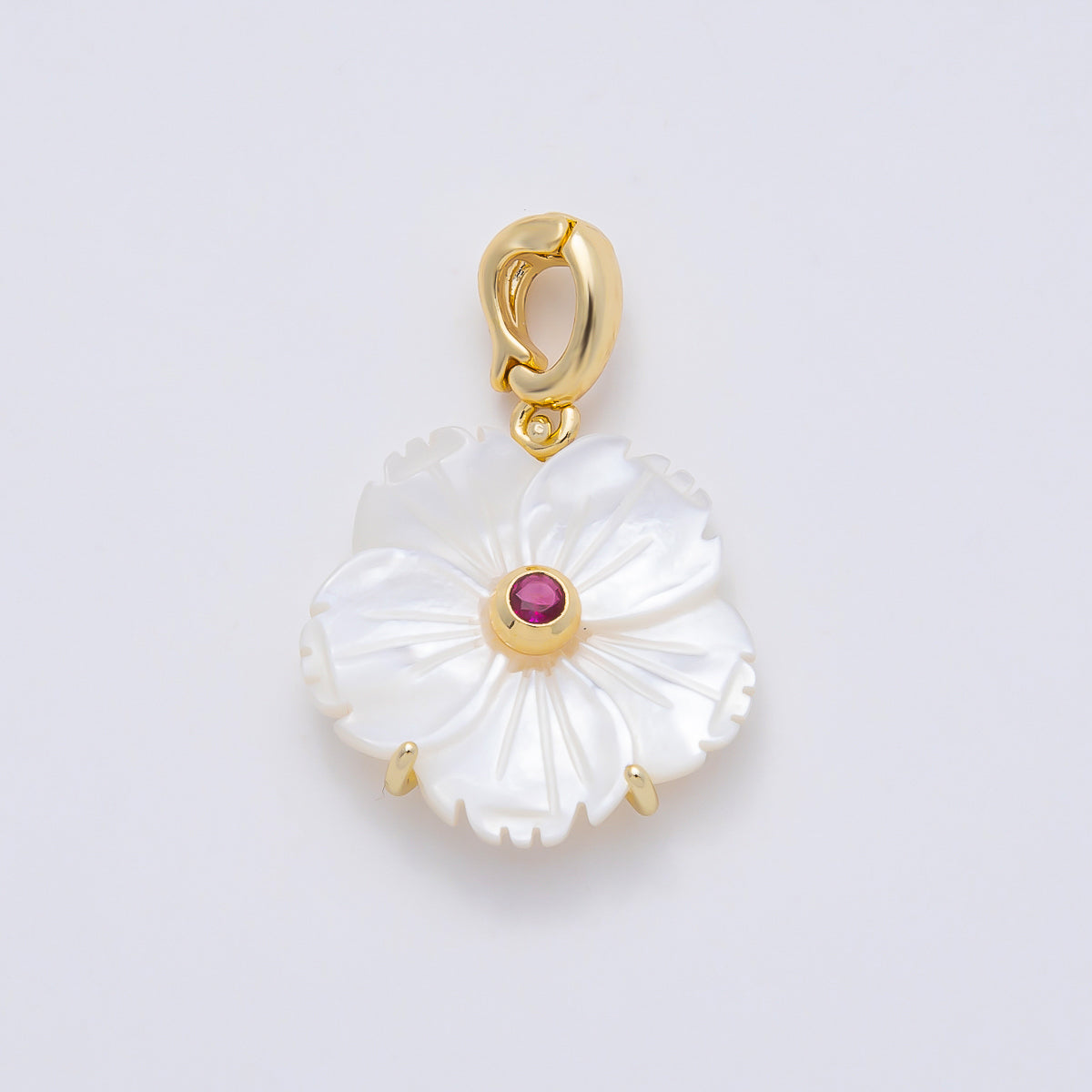 16K Gold Filled 20mm Birthstone CZ Mother of Pearl Flower Snap Drop Pendant | Charms-00965 ~ Charms-00976