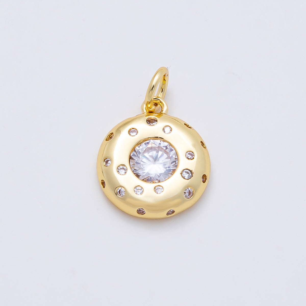 16K Gold Filled 13mm Clear CZ Round Dotted Bezel Charm | Charms-00979