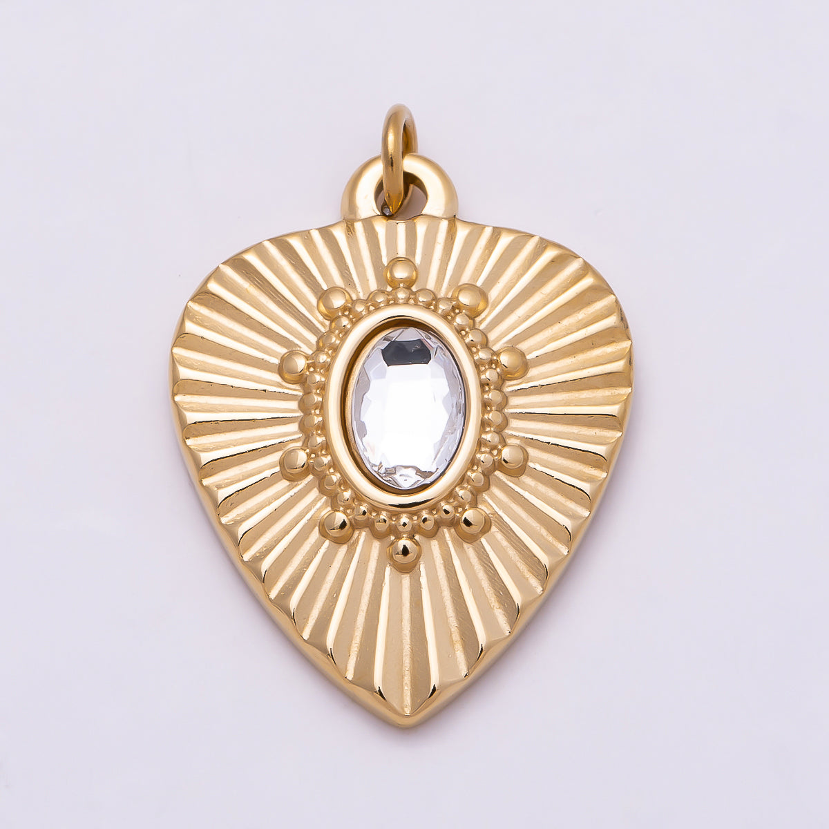 PVD Gold Stainless Steel 20mm Clear Oval CZ Radiant Sunburst Heart Medallion Charm | Charms-01023