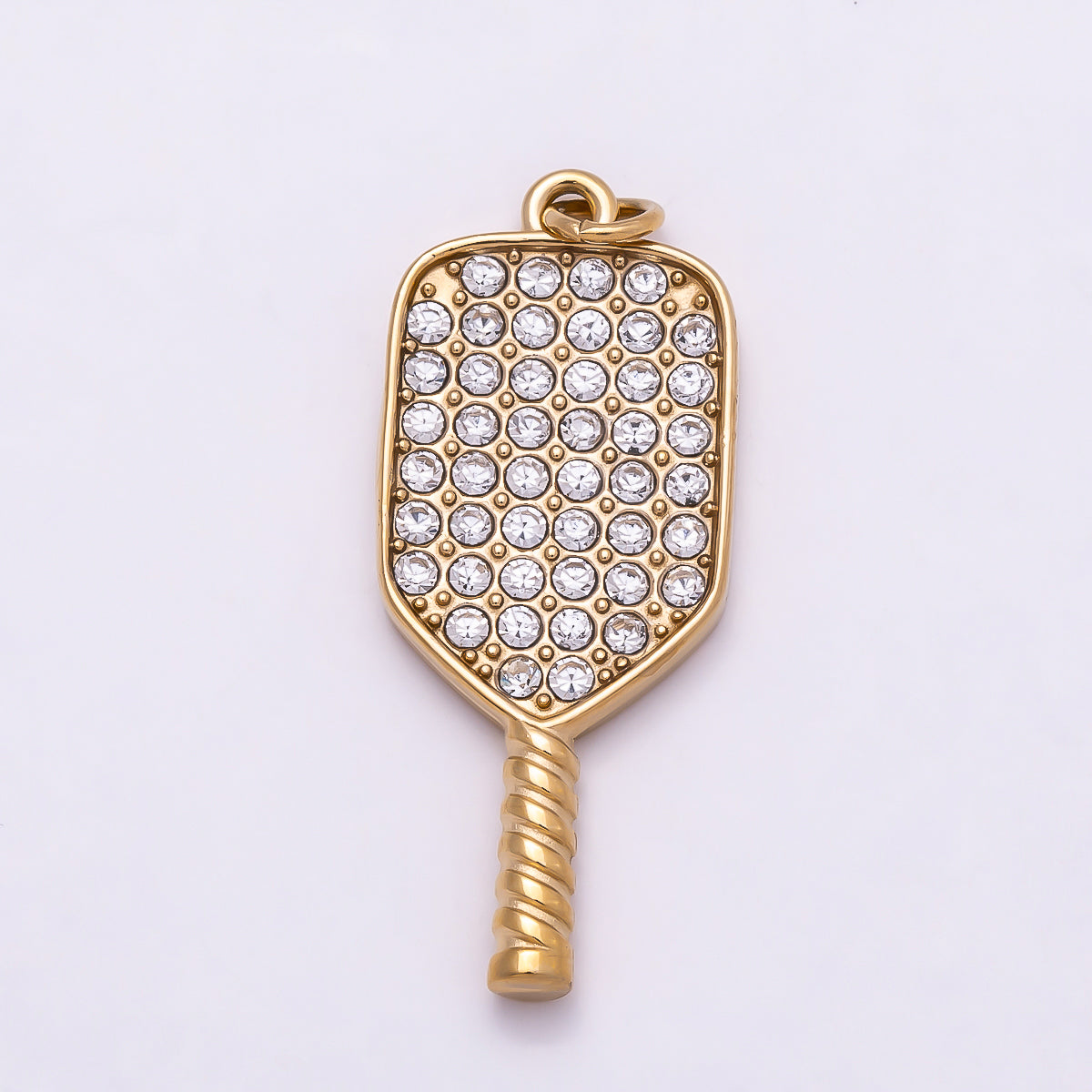 PVD Gold Stainless Steel 28mm Micro Paved CZ Racket Pickleball Paddle Sport Charm | Charms-01024
