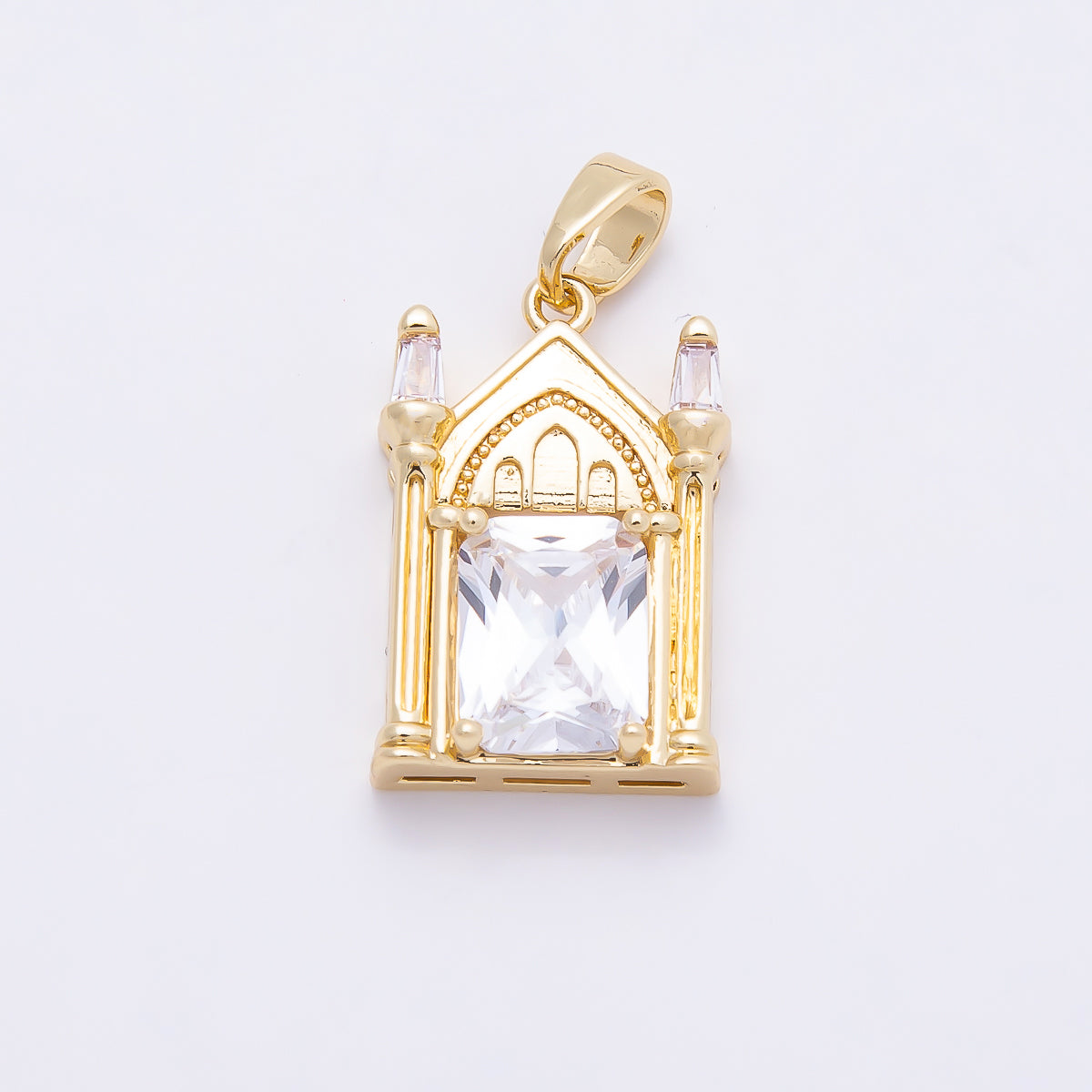 16K Gold Filled 20mm Clear CZ Baguette Vintage Church Castle Pendant | Charms-01037