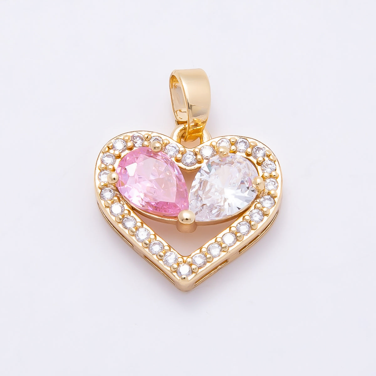 16K Gold Filled 15mm Pink Clear Micro Paved CZ Teardrop Open Heart Pendant | Charms-01043