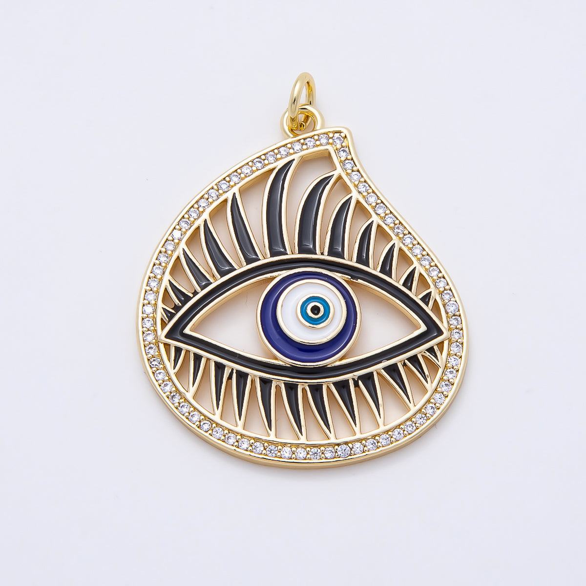 16K Gold Filled 33mm Blue Enamel Micro Paved CZ Evil Eye Open Teardrop Charm | Charms-01056