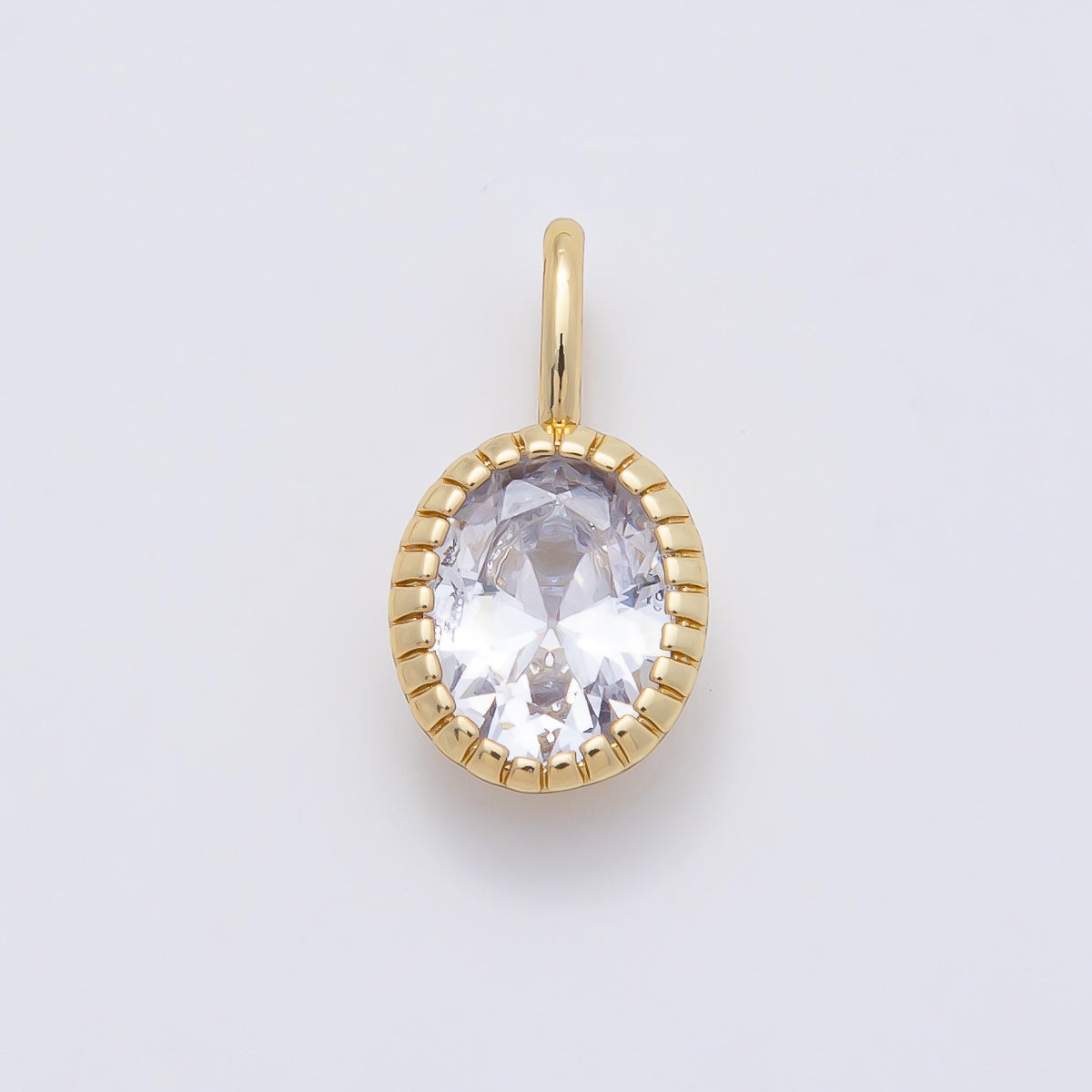 16K Gold Filled 17mm Clear Oval CZ Ribbed Bezel Mini Pendant | Charms-01102