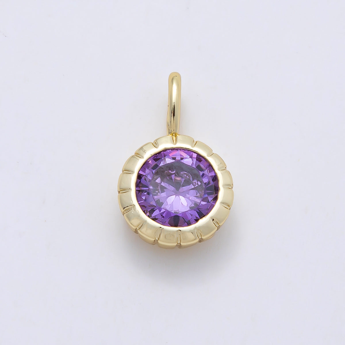 16K Gold Filled 17mm Birthstone Round CZ Ribbed Bezel Mini Pendant | Charms-01113 ~ Charms-01124