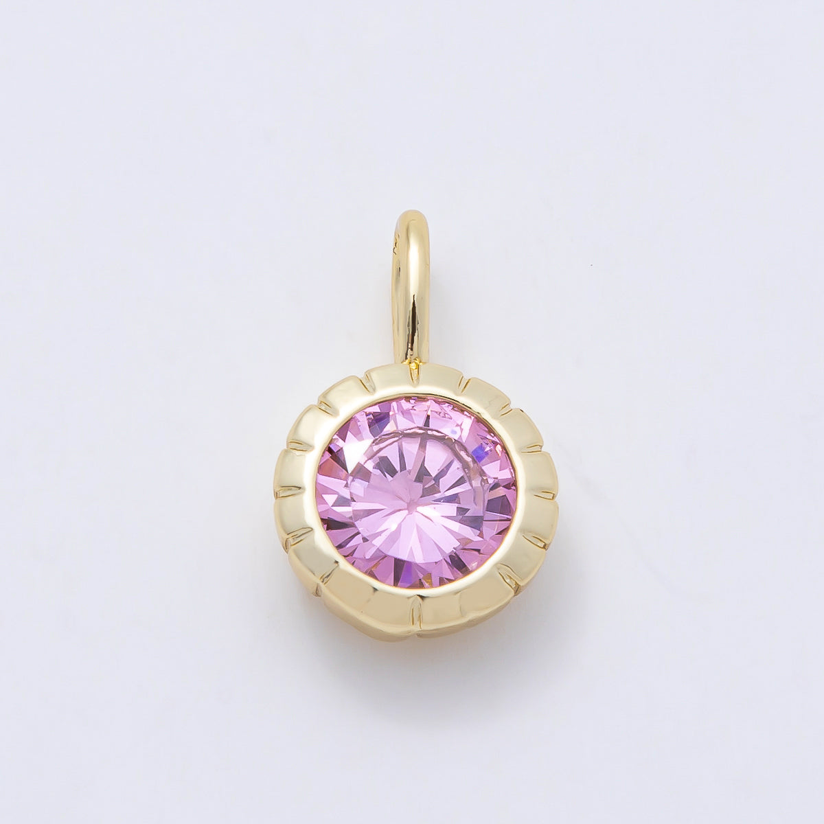 16K Gold Filled 17mm Birthstone Round CZ Ribbed Bezel Mini Pendant | Charms-01113 ~ Charms-01124