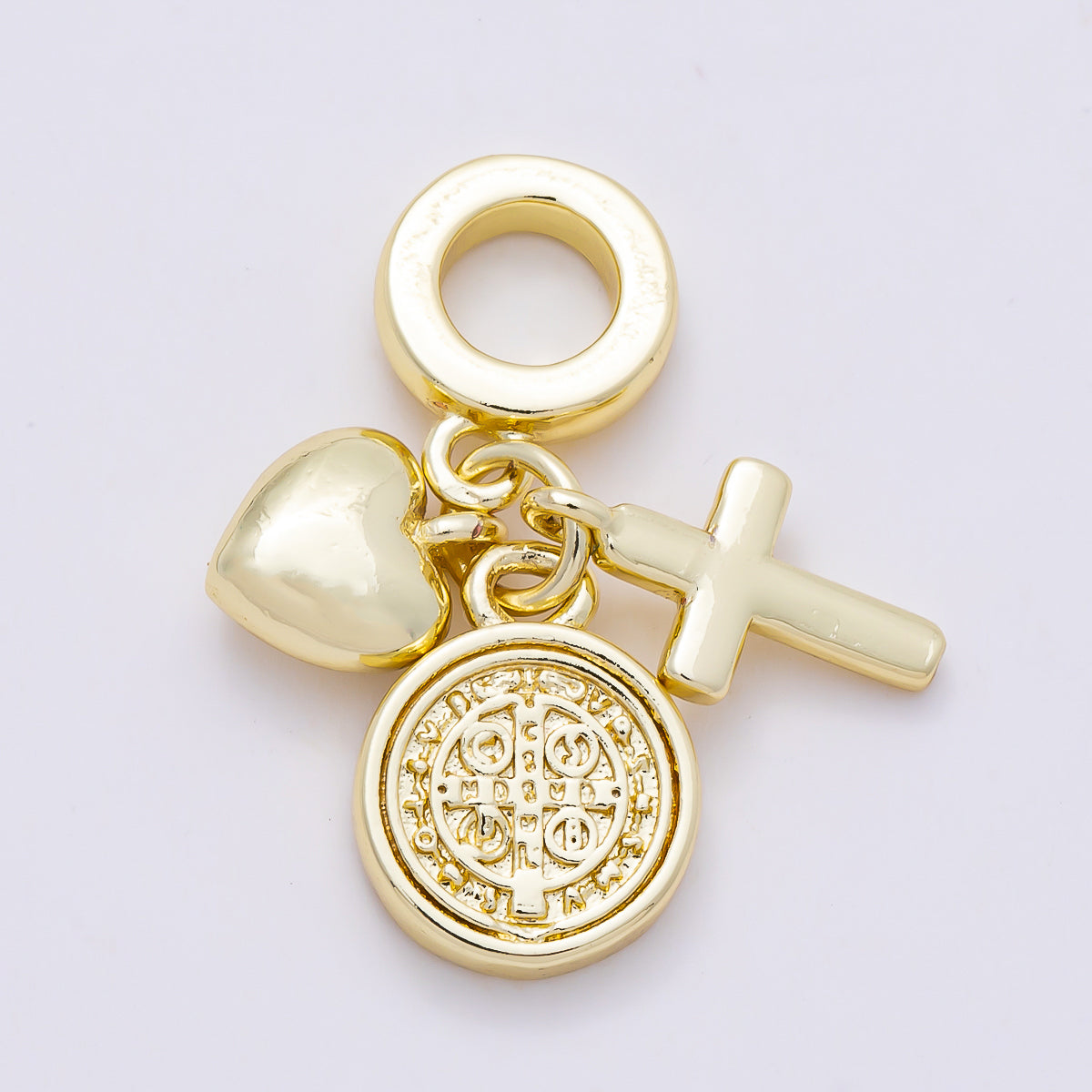 16K Gold Filled 27mm Religious Chubby Heart Cross Saint Benedict SMQLIVB PAX VRSNSMV Round Drop Rondelle Pendant | Charms-01156