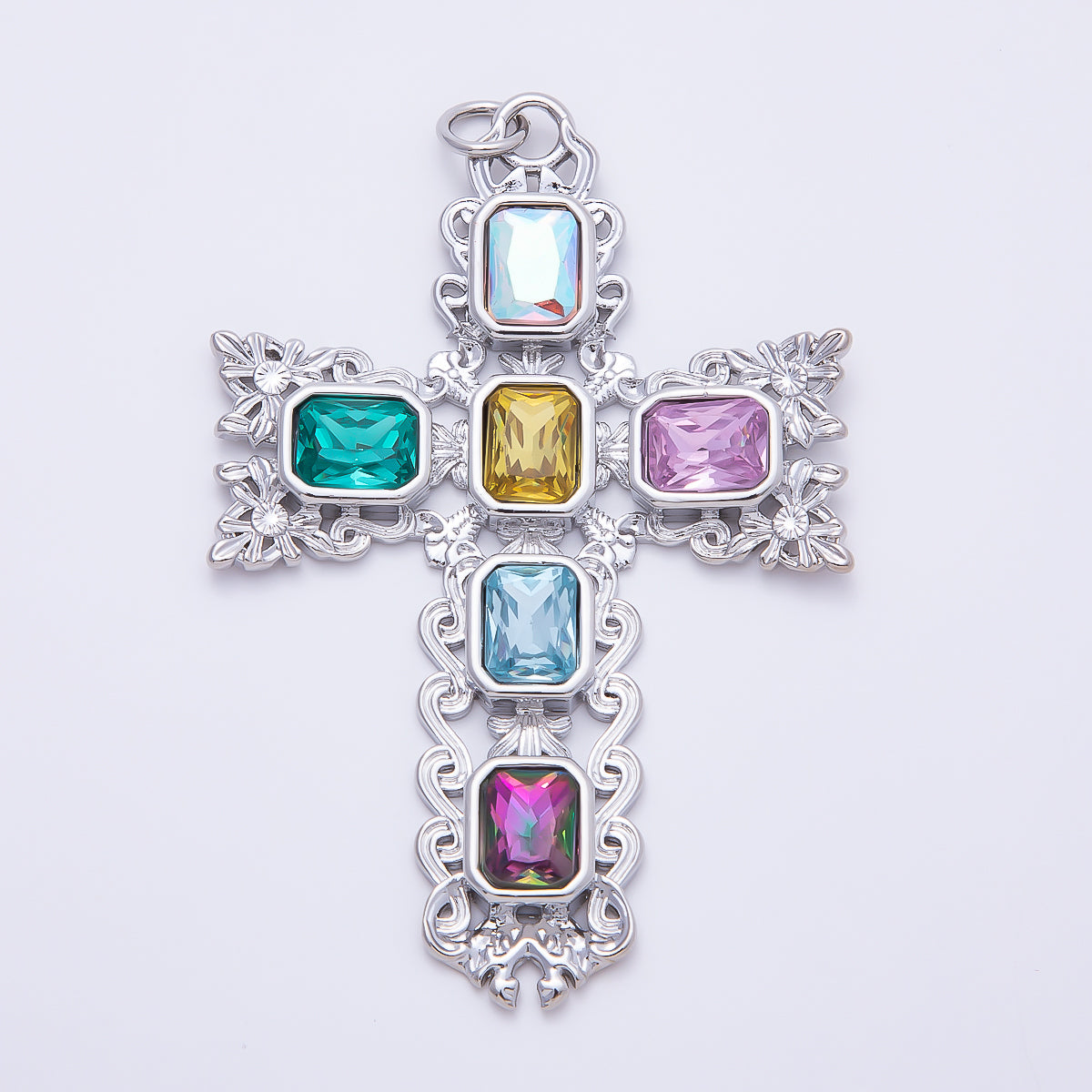 16K Gold Filled 70mm Multicolor Baguette Artisan Cross Charm in Gold & Silver | Charms-01199 Charms-01200