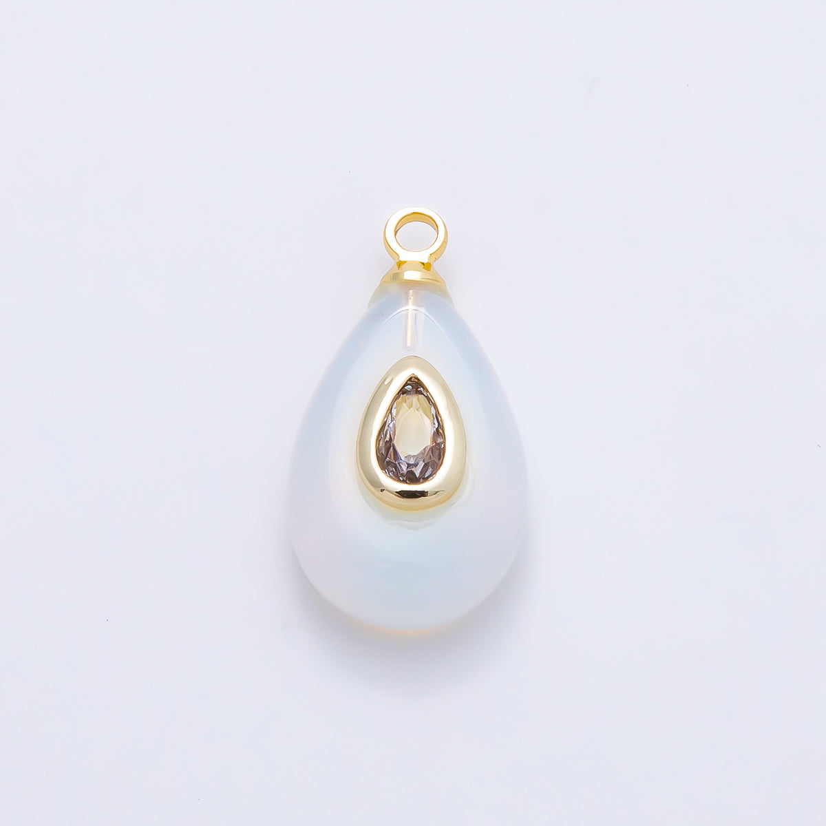 16K Gold Filled 18mm Clear CZ Embedded White Opal Gemstone Teardrop Charm | Charms-01203