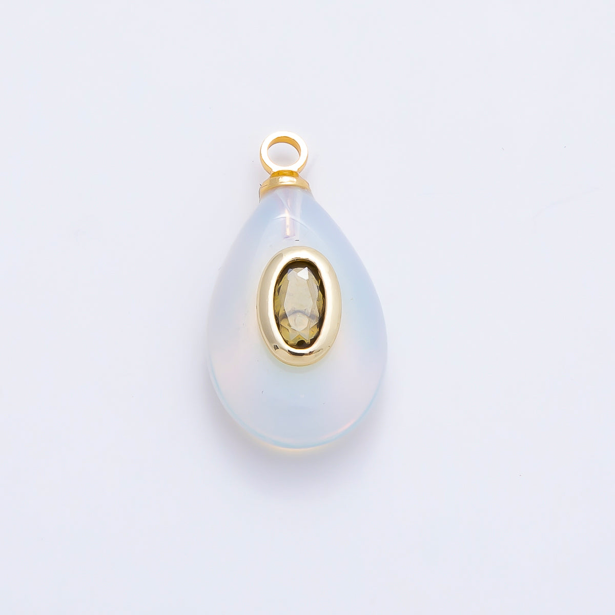 16K Gold Filled 18mm Green CZ Embedded White Opal Gemstone Teardrop Charm | Charms-01204