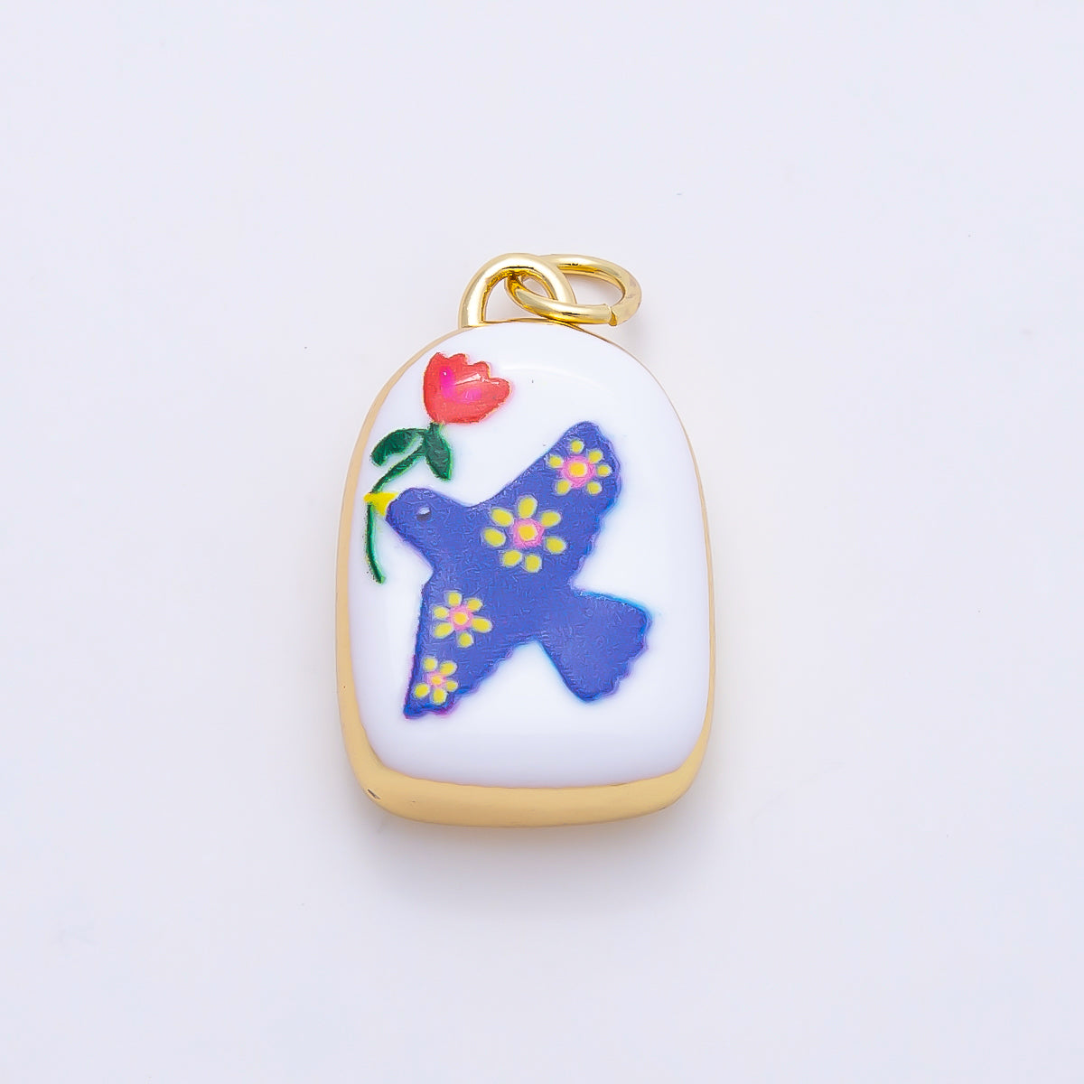 16K Gold Filled 20mm Bird Dove of Peace with Flower Plant Enamel Charm | Charms-01240