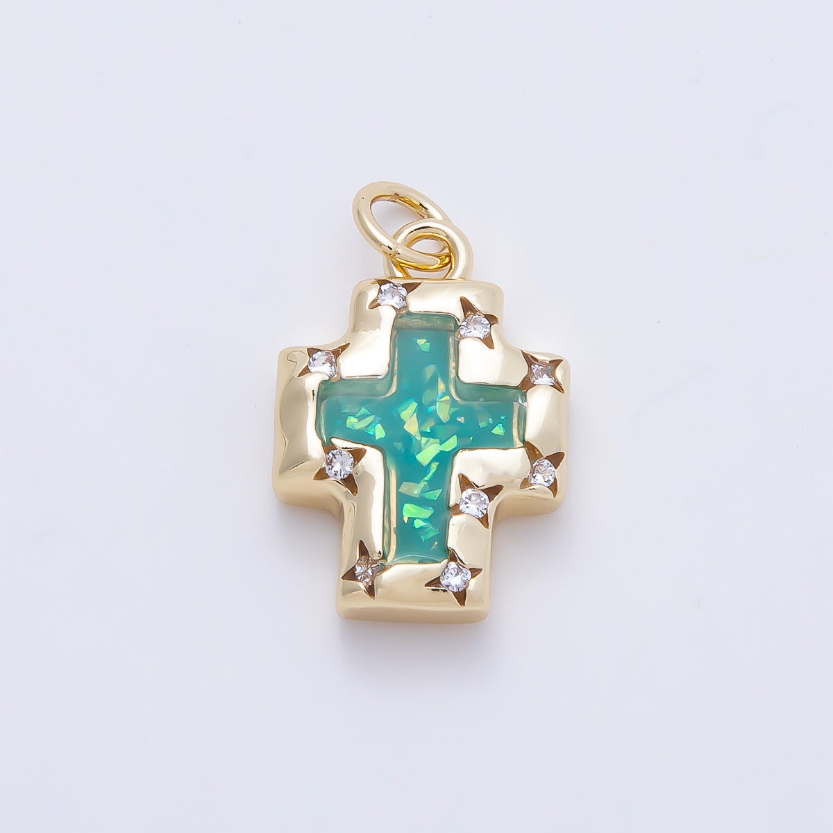 16K Gold Filled 17mm Teal Opal Clear CZ Star Dotted Bezel Religious Cross Charm | Charms-01247