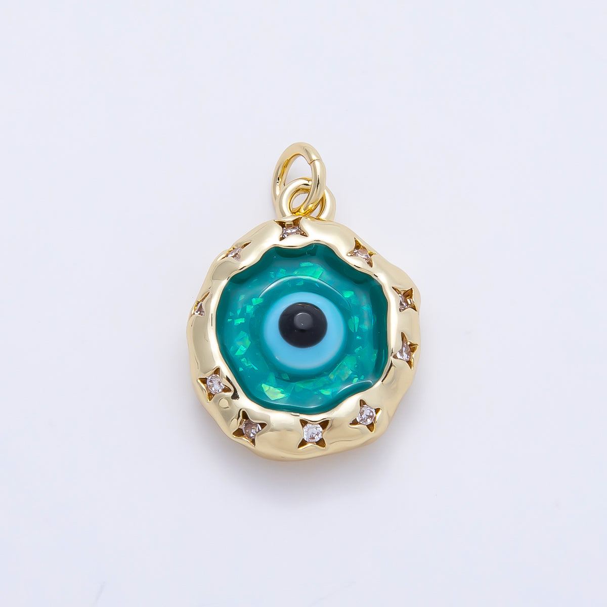 16K Gold Filled 18mm Teal Opal Clear CZ Star Dotted Molten Bezel Evil Eye Round Charm | Charms-01248