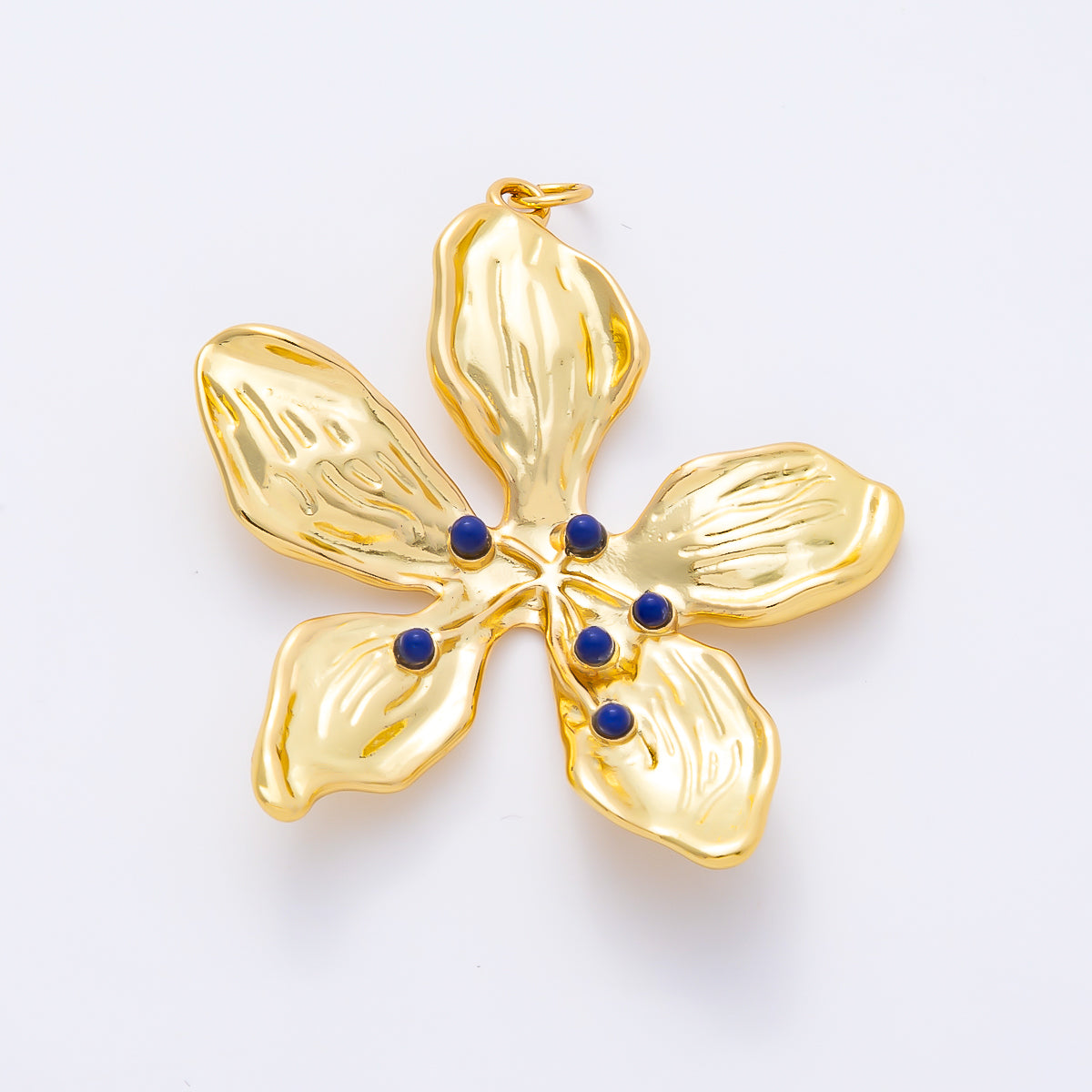 16K Gold Filled 45mm Blue Agate Dotted Foil Flower Charm | Charms-01262