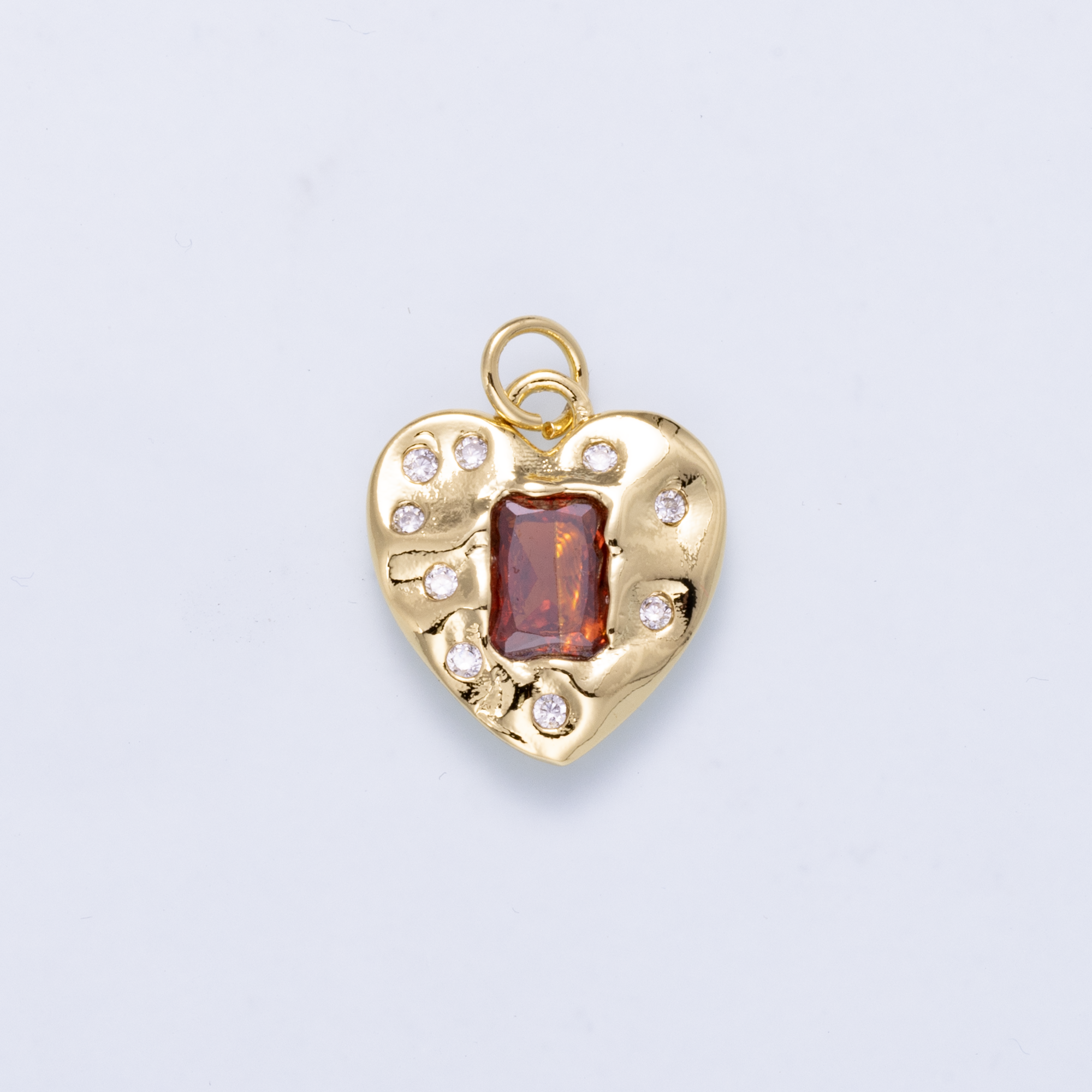 16K Gold Filled 16.5mm Red Baguette CZ Dotted Hammered Heart Charm | Charms-01268
