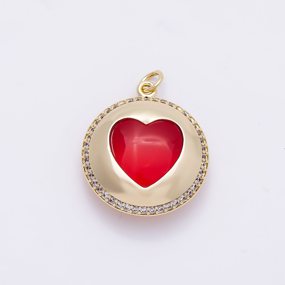 16K Gold Filled 24mm Red Heart Micro Paved CZ Round Pendant | Charms-01278