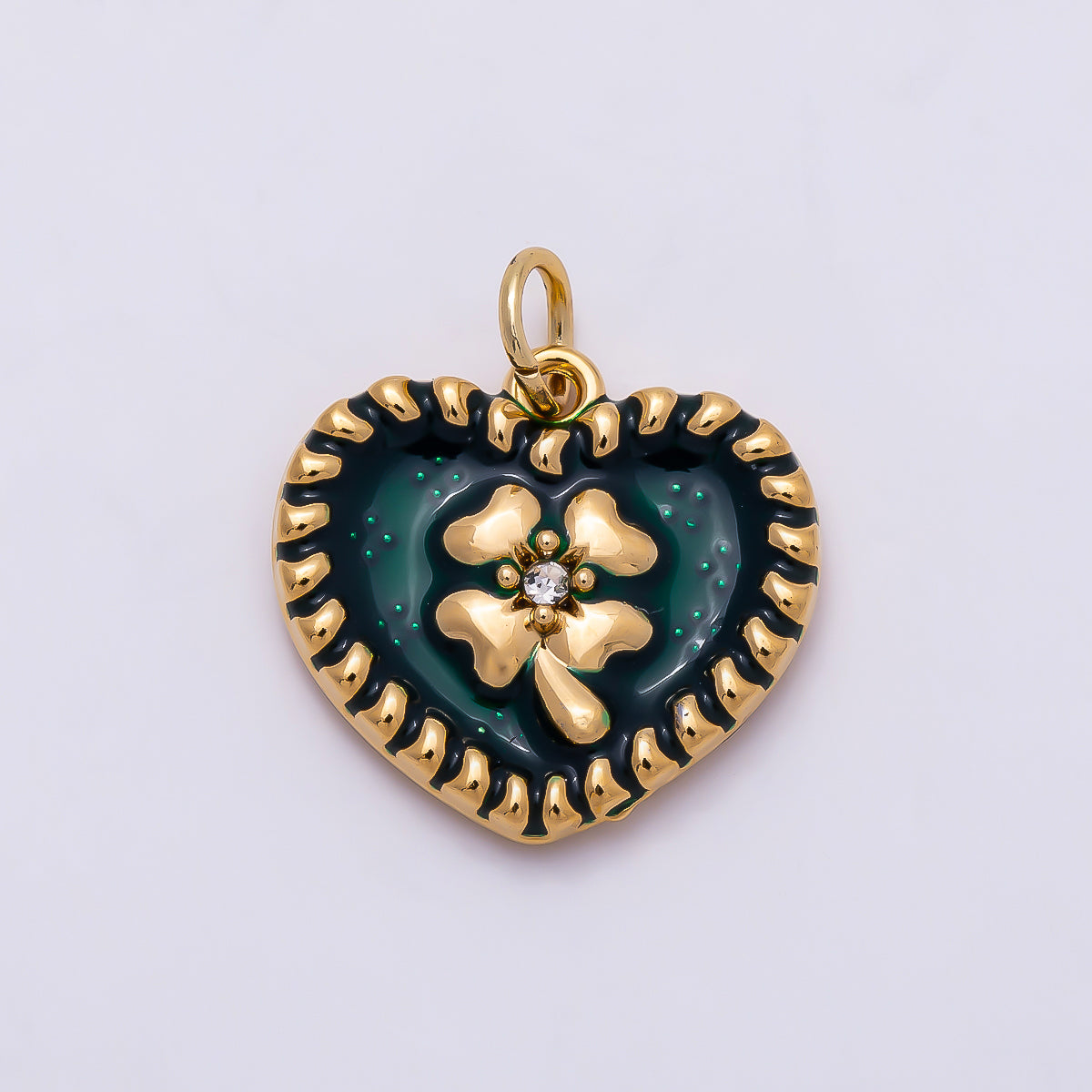 PVD Gold Stainless Steel 16mm Clear CZ Green Enamel Clover Heart Charm | Charms-01327