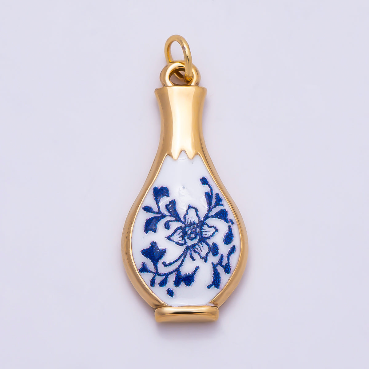 PVD Gold Stainless Steel 27mm Blue White Porcelain Ceramic Vase Charm | Charms-01329