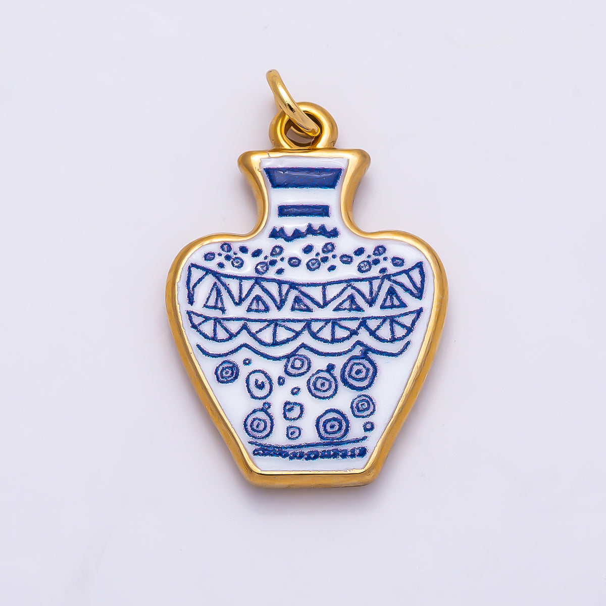 PVD Gold Stainless Steel 24mm Blue White Porcelain Artisan Ceramic Vase Charm | Charms-01330
