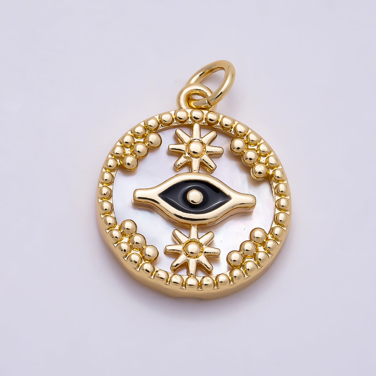 16K Gold Filled 18mm Star Evil Eye Black Enamel Shell Pearl Round Charm | Charms-01353