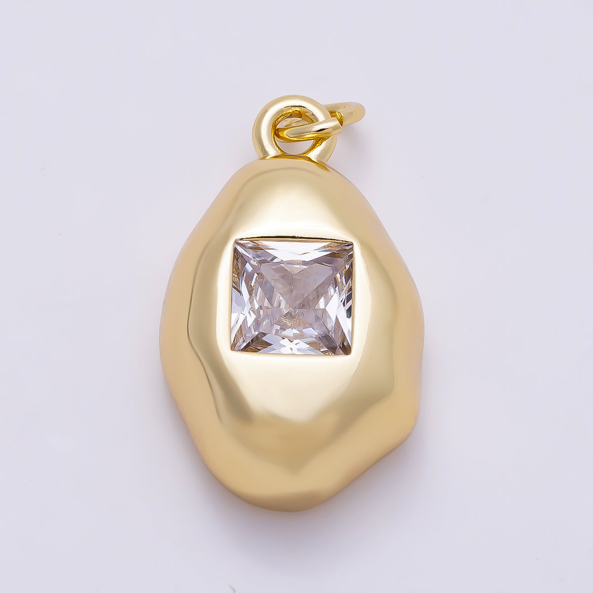16K Gold Filled 21mm Clear Baguette CZ Square Geometric Molten Bezel Chubby Charm | Charms-01356