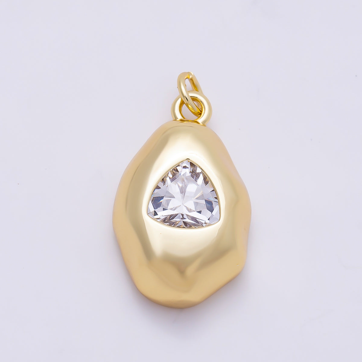 16K Gold Filled 23mm Clear CZ Triangle Geometric Molten Bezel Chubby Charm | Charms-01357