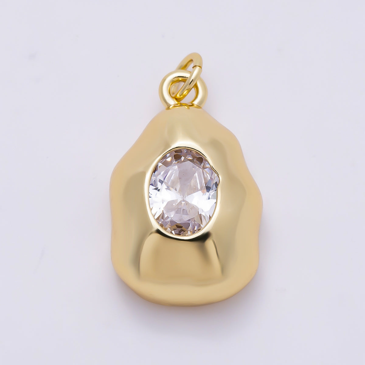 16K Gold Filled 21mm Clear CZ Oval Geometric Molten Bezel Chubby Charm | Charms-01359
