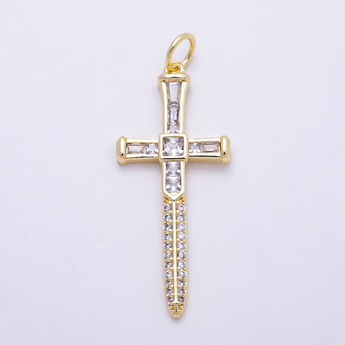 16K Gold Filled 43mm Baguette Micro Paved CZ Sword Cross Religious Pendant | Charms-01385