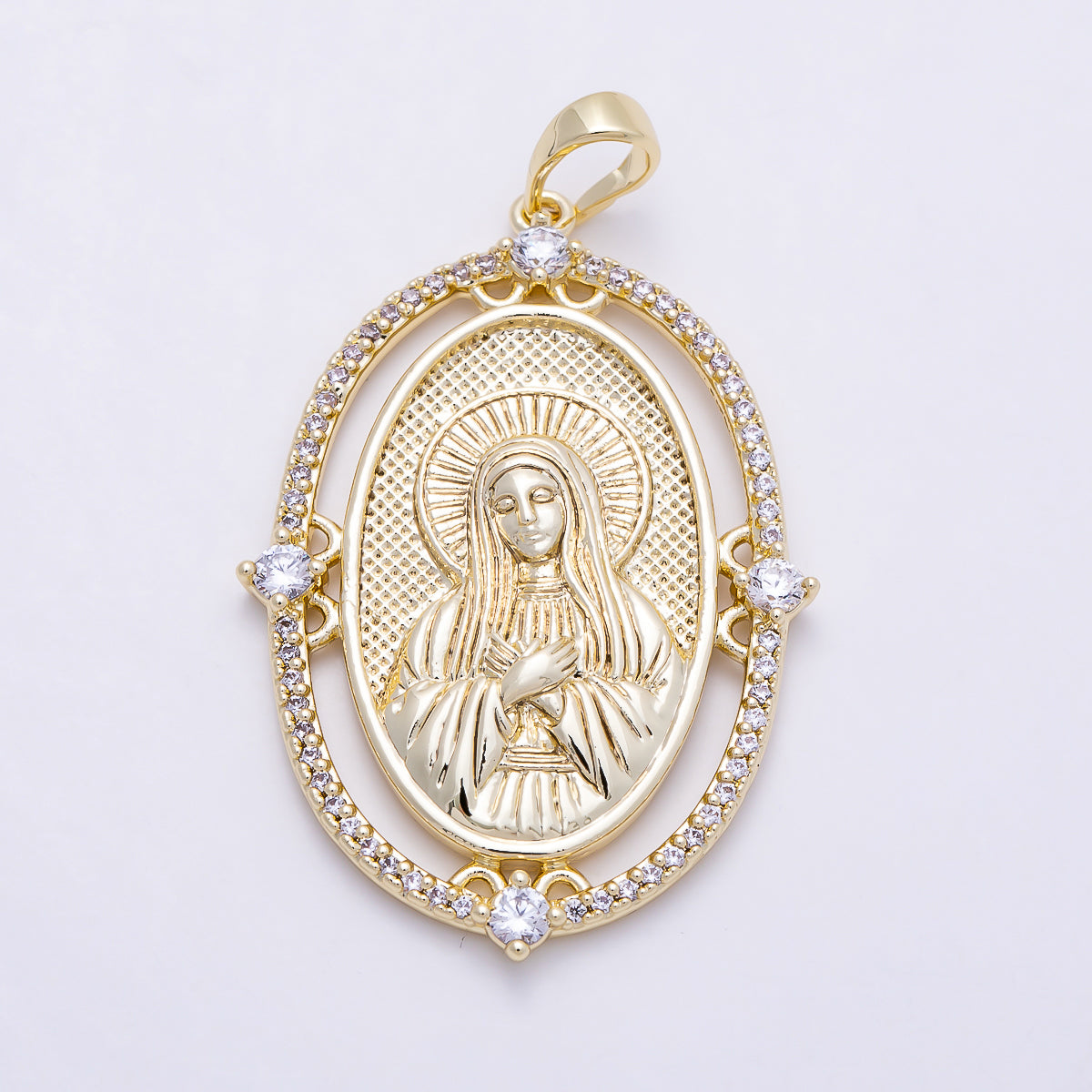 16K Gold Filled 36mm Clear Micro Paved CZ Virgin Mary Oval Religious Pendant | Charms-01395