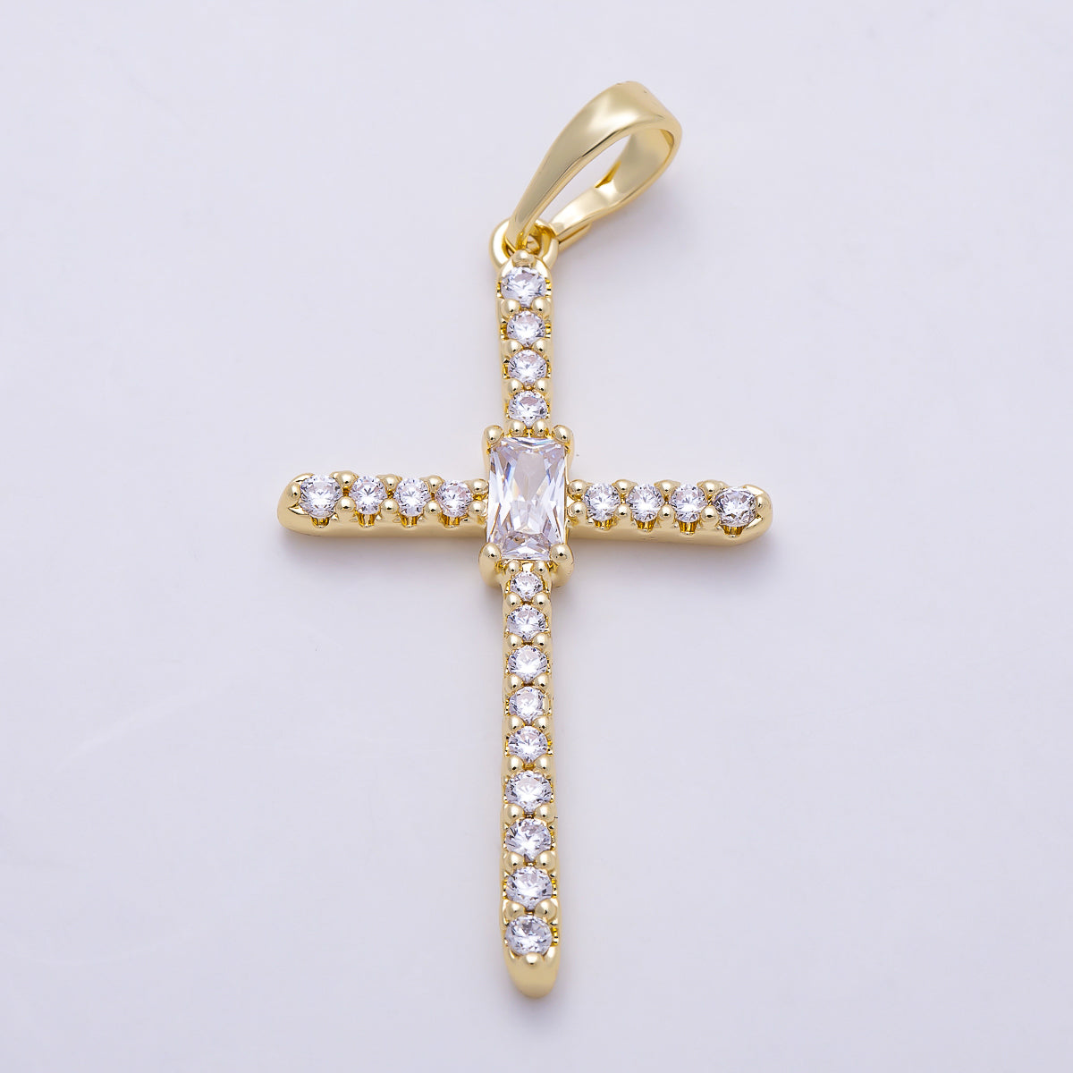 16K Gold Filled 32mm Clear Baguette Micro Paved CZ Cross Religious Pendant | Charms-01403