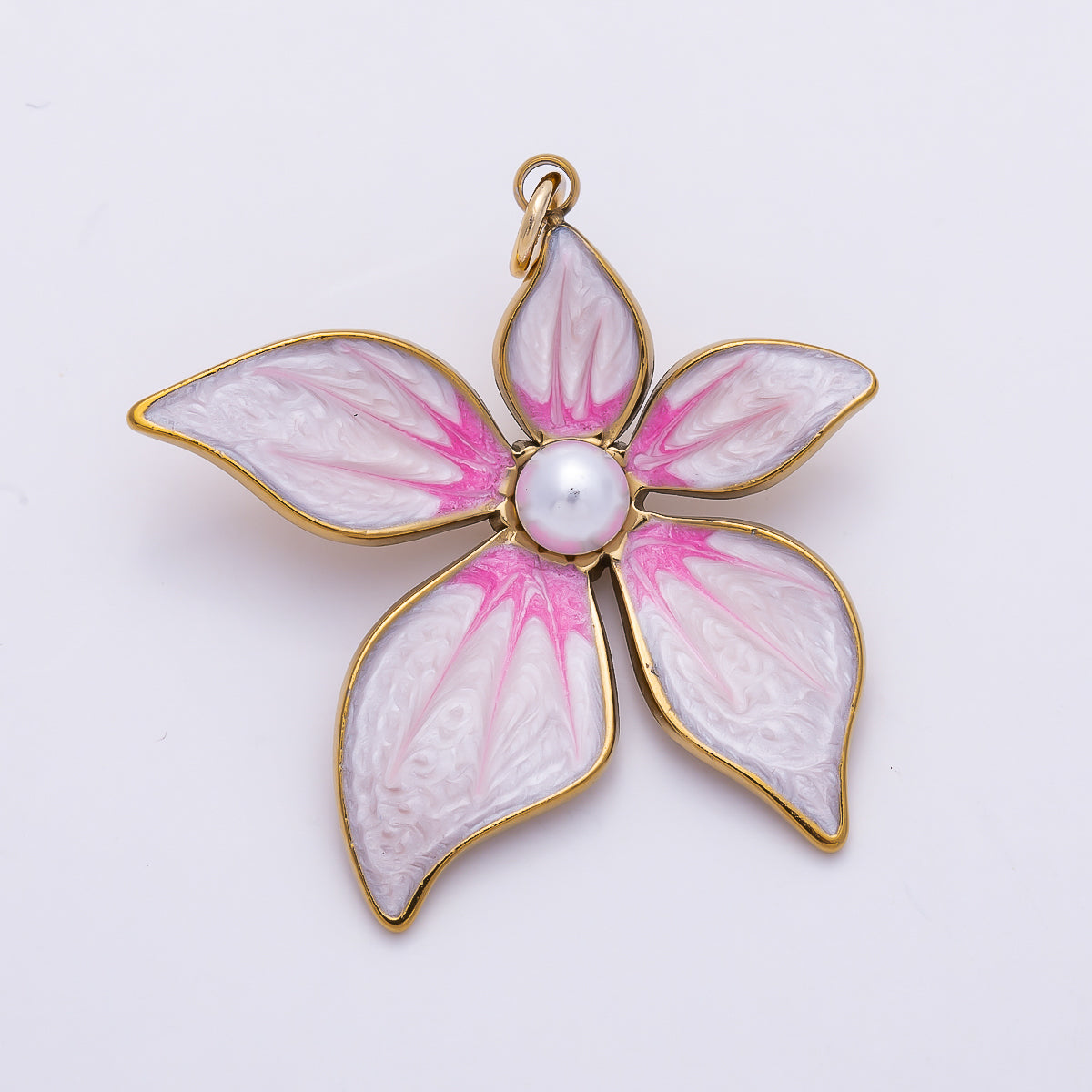 18K Gold Filled 32mm Shell Pearl Pink Enamel Flower Charm | Charms-01432