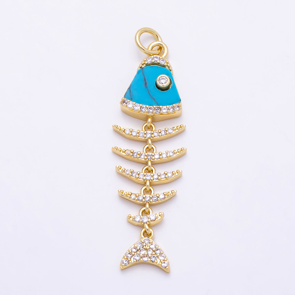 16K Gold Filled 38mm Turquoise, Shell Pearl, Malachite, Onyx, Carnelian Micro Paved CZ Fish Skeleton Charm | Charms-01447 ~ Charms-01451