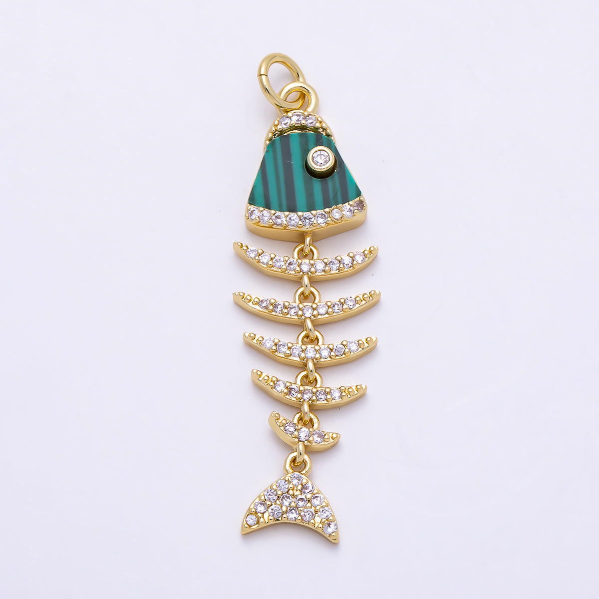 16K Gold Filled 38mm Turquoise, Shell Pearl, Malachite, Onyx, Carnelian Micro Paved CZ Fish Skeleton Charm | Charms-01447 ~ Charms-01451