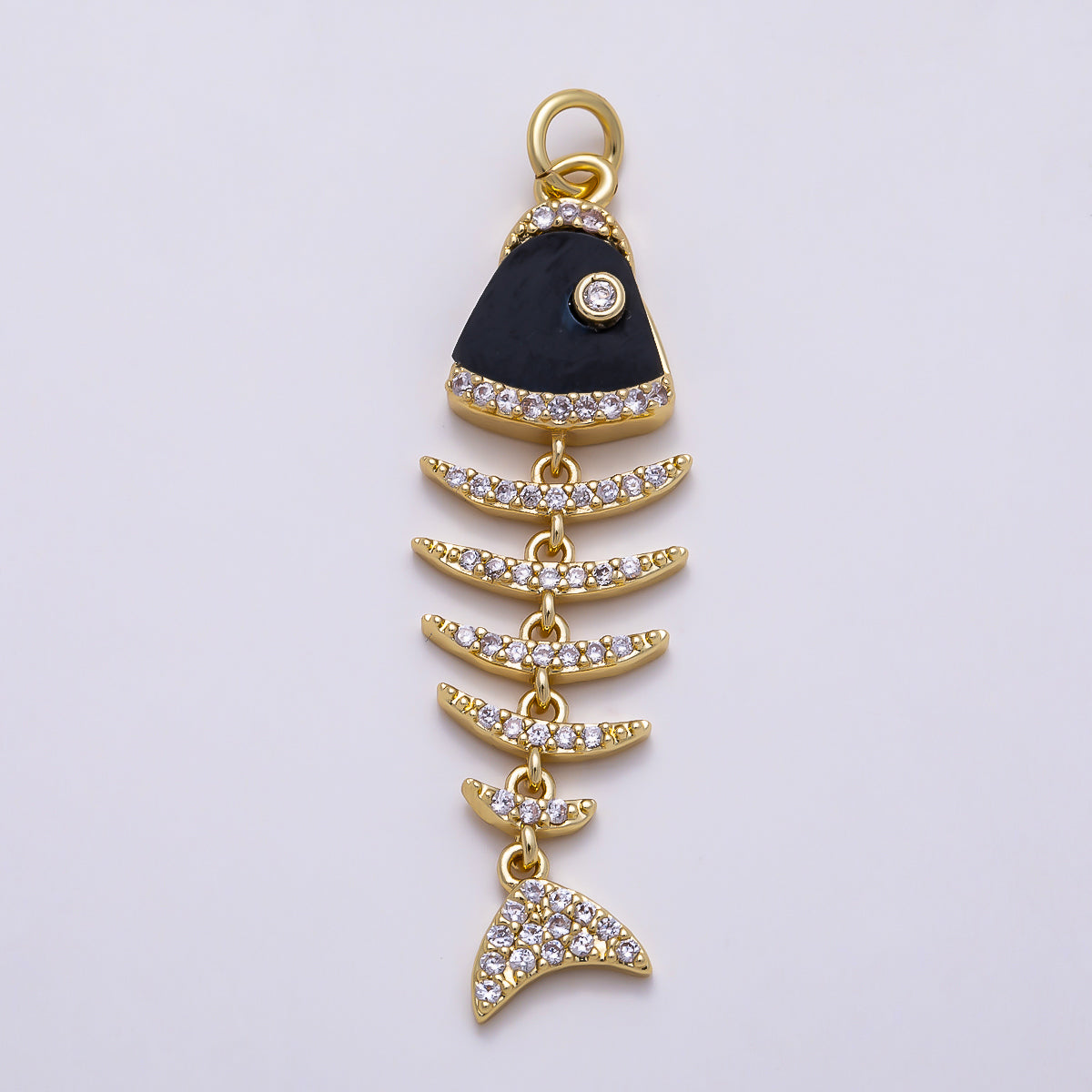 16K Gold Filled 38mm Turquoise, Shell Pearl, Malachite, Onyx, Carnelian Micro Paved CZ Fish Skeleton Charm | Charms-01447 ~ Charms-01451