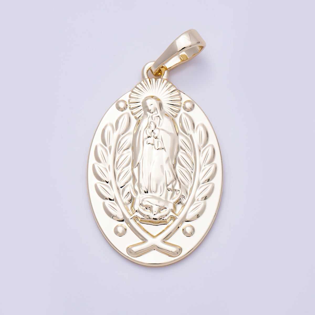 16K Gold Filled 30mm Wheat Our Lady of Guadalupe Mary Religious Oval Pendant | Charms-01477