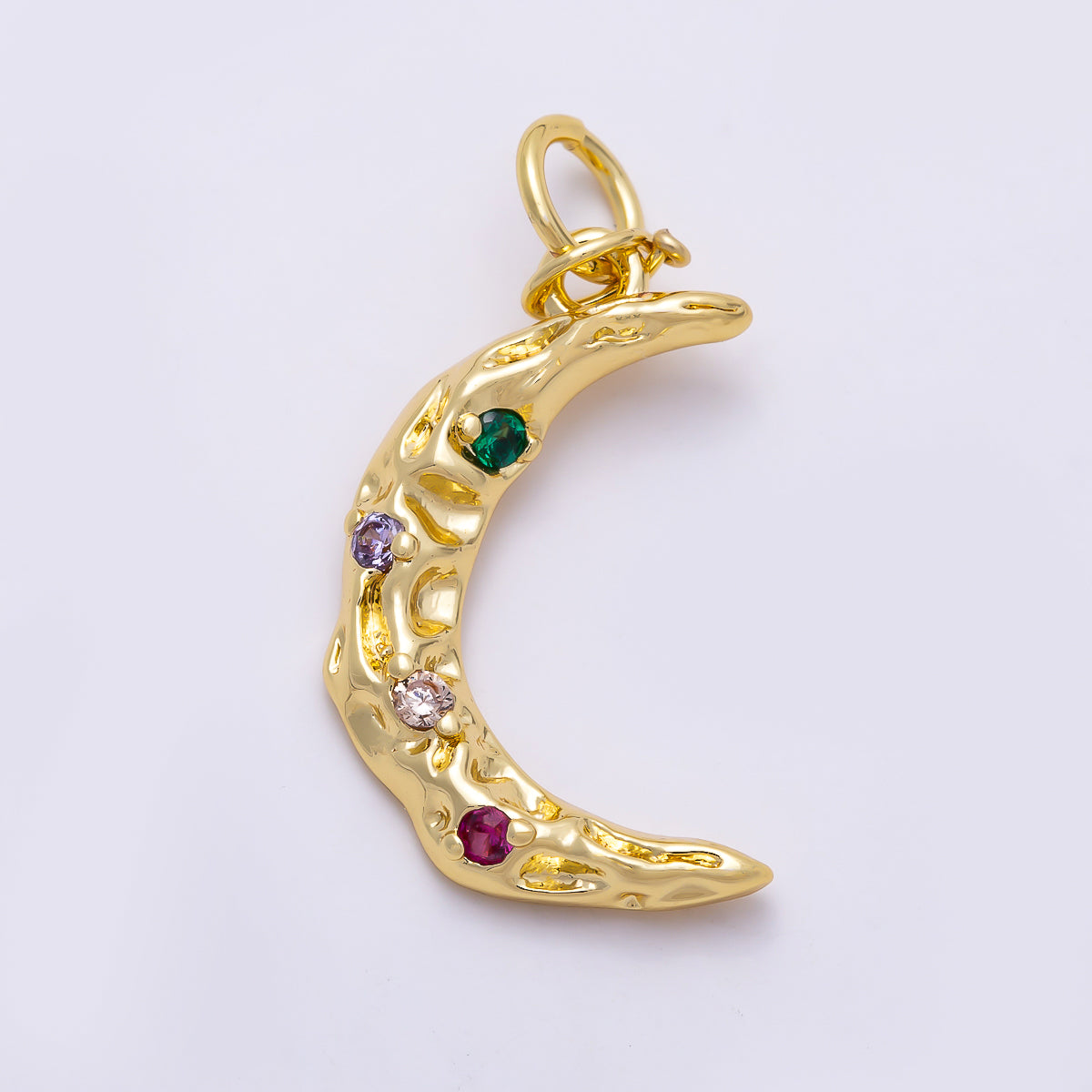 16K Gold Filled 19mm Multicolor CZ Dotted Hammered Celestial Crescent Moon Charm | Charms-01487