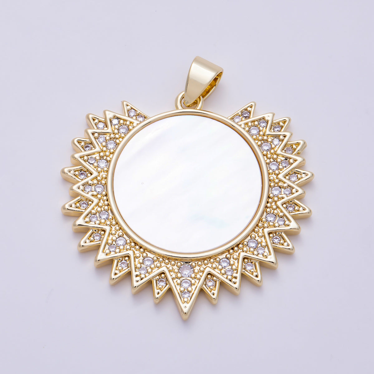 16K Gold Filled 33mm Shell Pearl Micro Paved Celestial Sun Pendant | Charms-01494