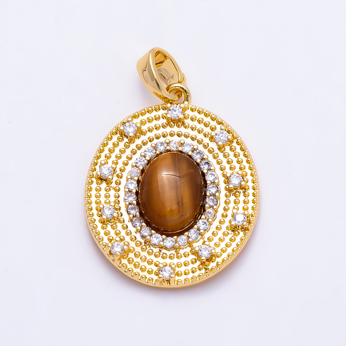 16K Gold Filled 23mm Turquoise, Tiger Eye Cabochon Micro Paved CZ Dotted Oval Pendant | Charms-01495 Charms-01496