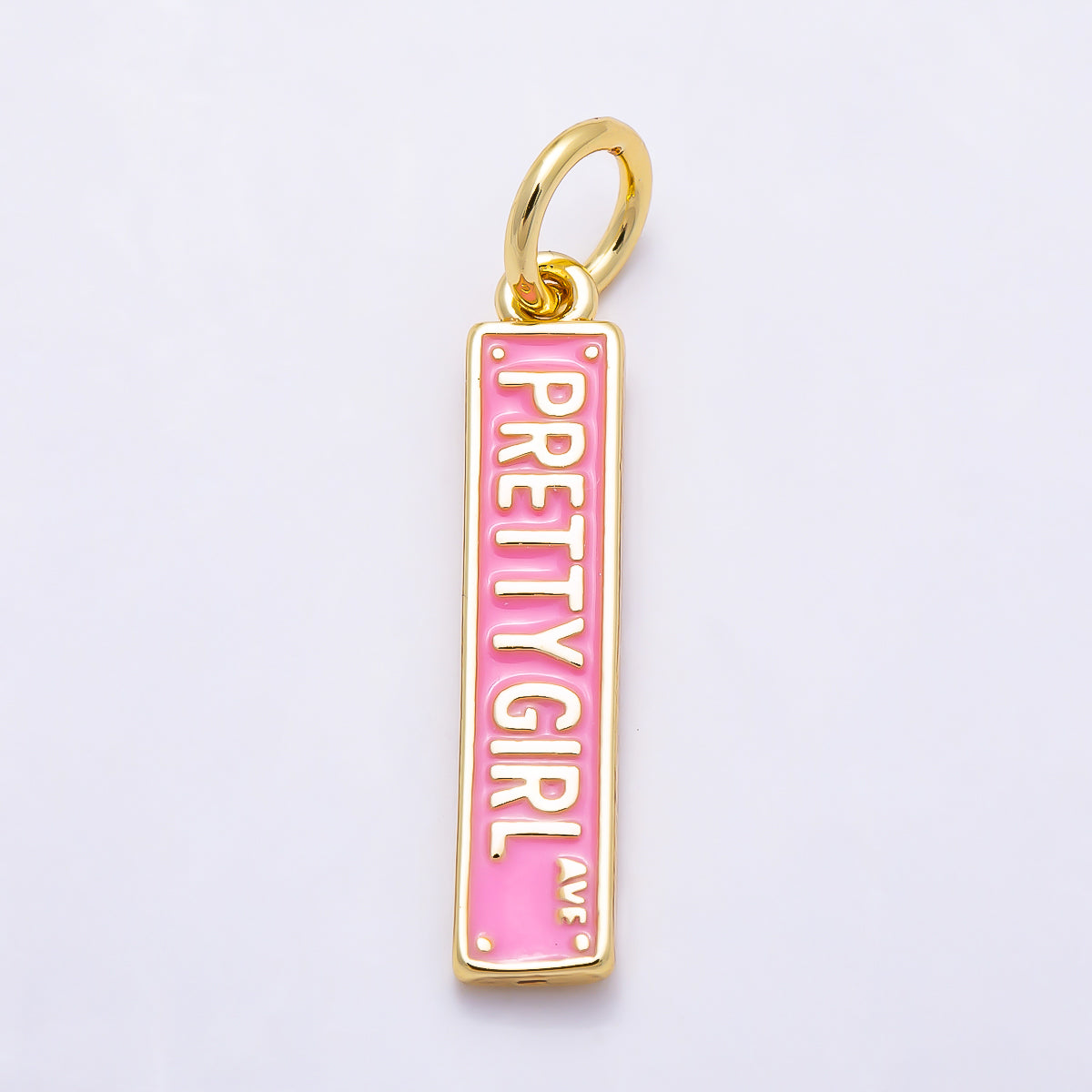 16K Gold Filled 22mm "Pretty Girl Ave" Pink Enamel Street Sign Charm | Charms-01505