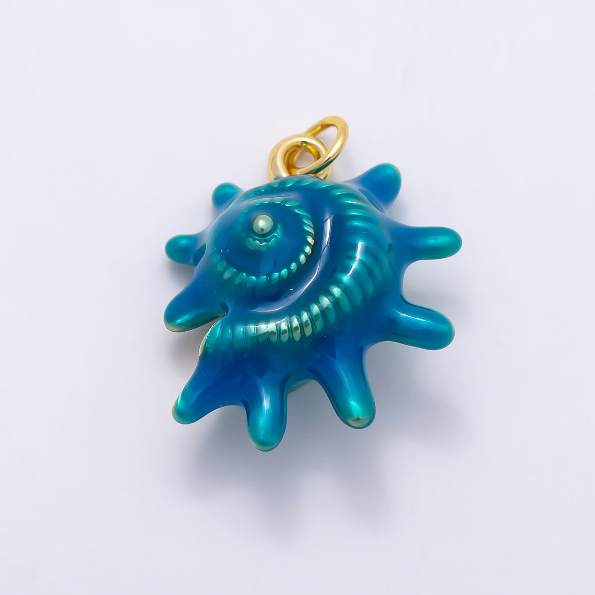 16K Gold Filled 23mm White, Blue Enamel Natural Conch Sea Shell 3D Multidimensional Charm | Charms-01506