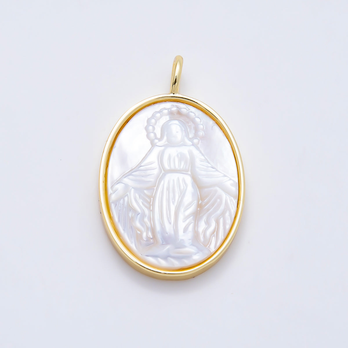 16K Gold Filled 27mm White Shell Pearl Virgin Mary Oval Charm | Charms-01508