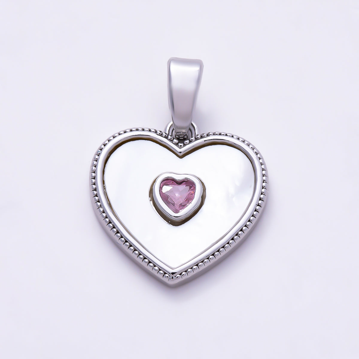 Silver 14mm Pink CZ Shell Pearl Ribbed Bezel Heart Pendant | Charms-01517