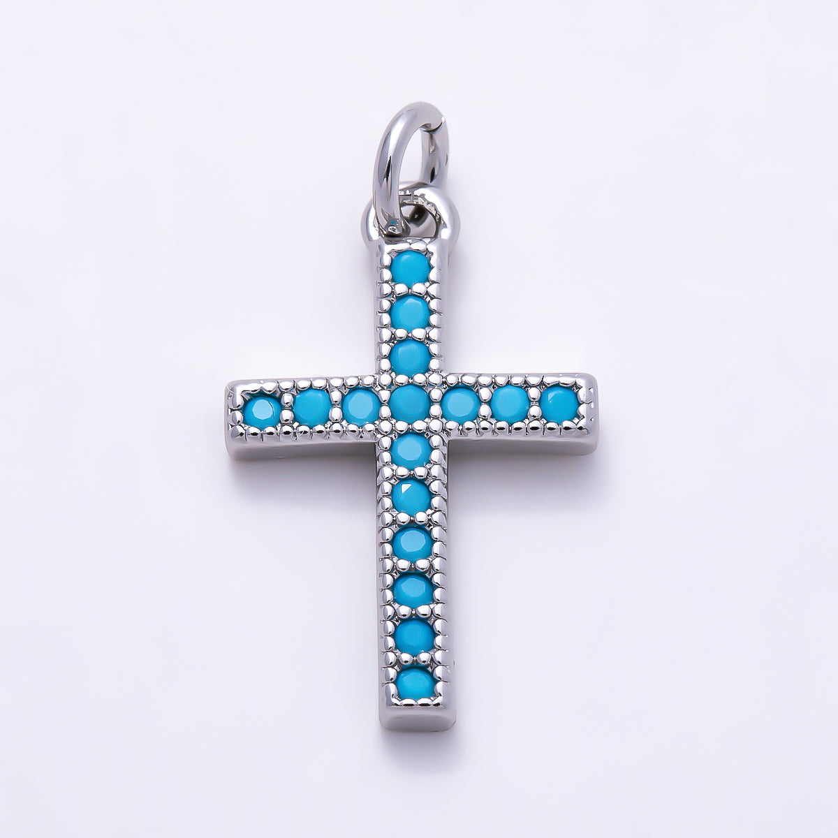 Silver 16mm Turquoise Micro Paved Religious Cross Charm | Charms-01521