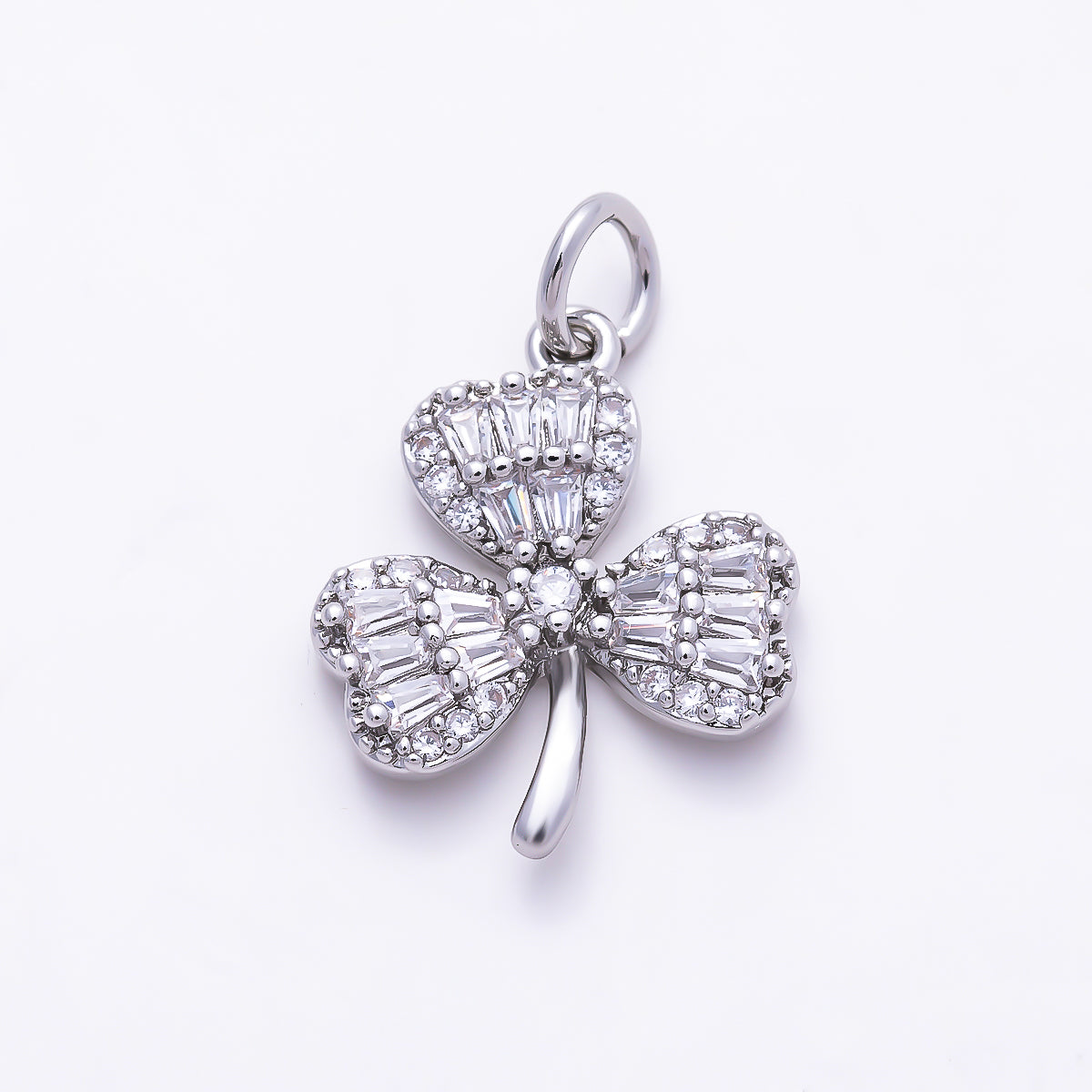 Silver 16.5mm Clear CZ Baguette Micro Paved Clover Plant Charm | Charms-01522
