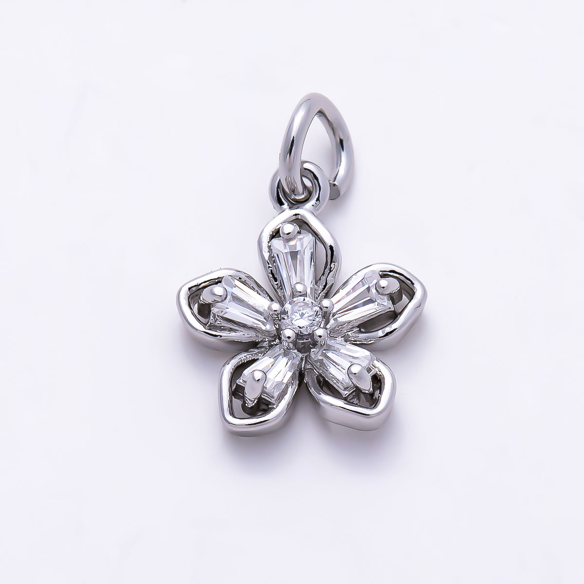 Silver 10mm Clear CZ Baguette Petal Flower Mini Charm | Charms-01523