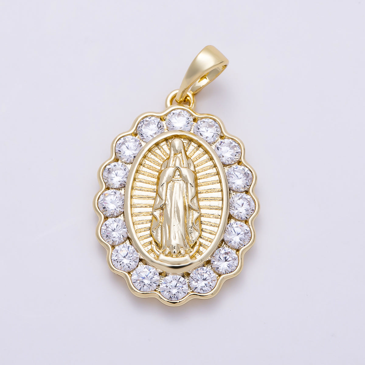 16K Gold Filled 25mm Virgin Mary Sunburst CZ Bezel Oval Pendant | Charms-01541